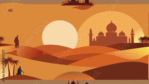 Desert oasis scene with silhouetted figures and mosques at sunset
