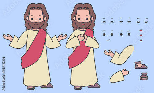 Editable Jesus Standing Religious Character Kit. Perfect for Christian educational media, animation, motion graphics, Sunday school materials, and religious illustration projects.