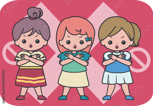 Cute Children Refusing Gesture with Nope Symbol. Perfect for education visuals, safety posters, behavior signs, warning graphics, and communication materials.