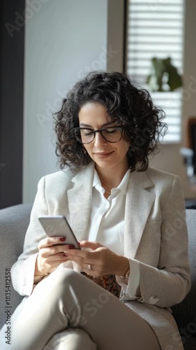 A woman is sitting on a couch and looking at her cell phone. She is wearing glasses and a white shirt
