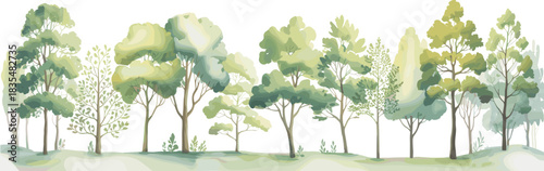 Horizontal Border of Stylized Green Trees and Foliage on White Background Keywords: trees, forest, nature, green, foliage, leaves