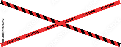 Two caution tapes crossing each other with red and black stripes on a white background in a simple design , ribbons, stripes, tape