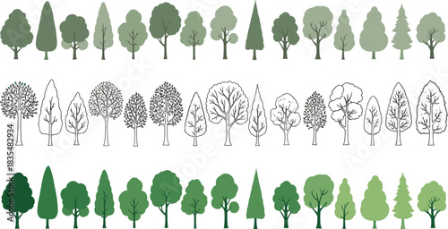 Assortment of stylized tree icons in green shades and line art outlines trees