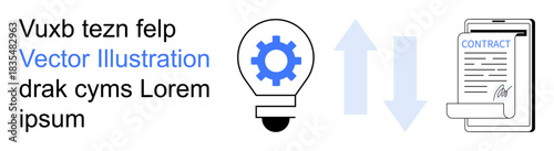 Innovation, digital agreements, collaboration, business solutions, automation, teamwork. Lightbulb with gear symbol next to contract icons. Innovation and digital agreements concept