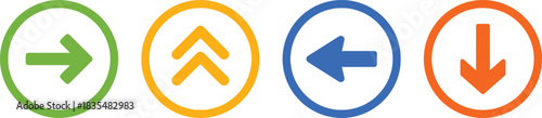 arrow, direction, navigation, pointer, symbol, icon, set, collection, green, yellow, blue, orange, right, up, left, down, circular, graphic, design, illustration, movement, choice, option, forward, ba