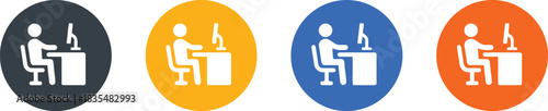 icon, computer, desk, person, sitting, working, office, technology, digital, graphic, design, symbol, illustration, silhouette, business, education, learning, study, job, career, employee, user, inter