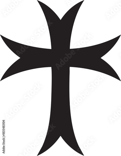 A stark black silhouette of a Maltese cross with flared arms and pointed ends against a plain, light gray backdrop.
