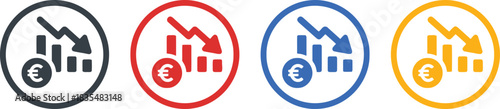 finance, economy, decline, graph, chart, arrow, down, euro, money, icon, symbol, graphic, design, element, set, collection, red, blue, yellow, dark gray, white background