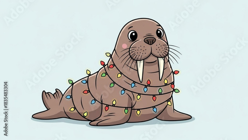 A cute cartoon walrus is wrapped in colorful festive christmas lights smiling adorably against a pale blue background perfect for holiday greetings and winter themes