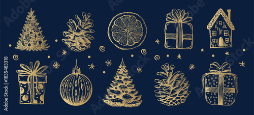 Christmas decorative elements, hand drawn