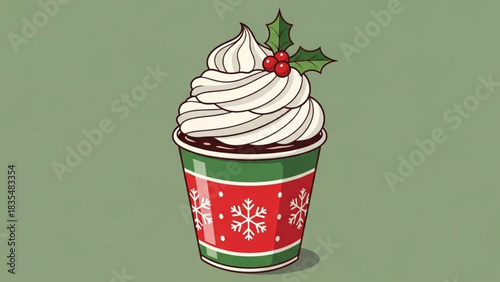A festive cartoon illustration of a holiday drink in a red and green snowflake patterned cup topped with whipped cream and a sprig of holly with red berries