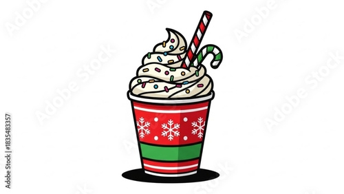 A festive holiday drink in a red and green cup with snowflakes topped with whipped cream colorful sprinkles a striped straw and a candy cane