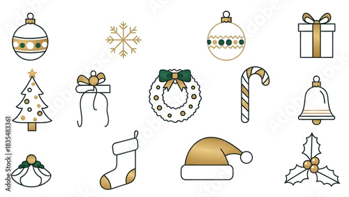 Festive Holiday Icon Set Christmas Decorations, Ornaments, and Festive Symbols in a Gold Theme