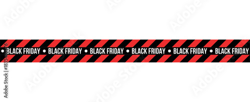A black friday caution tape with red stripes and black text on a white background for sales promotion , ribbons, stripes, tape