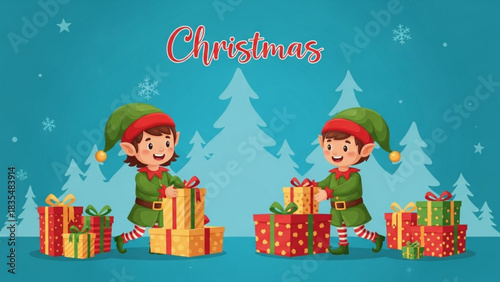Two cheerful cartoon elves in green outfits and red striped socks are busy wrapping and stacking colorful christmas gifts in a snowy forest setting with a festive holiday greeting