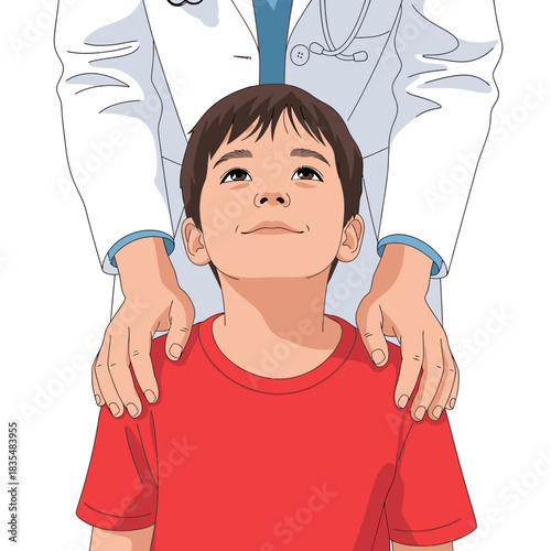 A doctor's reassuring hands are placed on a young boy's shoulders, offering comfort and trust during a medical examination.