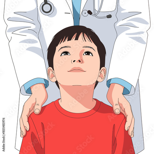 A young boy looks up at his doctor, who is wearing a white coat and stethoscope, in a medical examination setting on a white background.