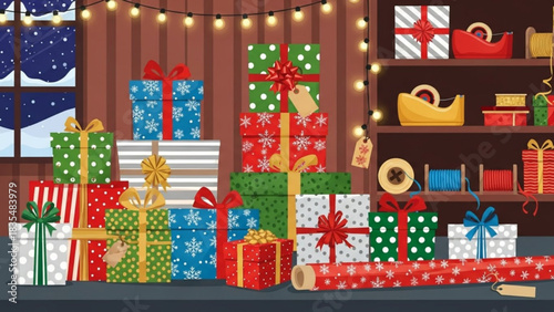 A festive scene of colorful christmas presents stacked high ready for holiday gifting with wrapping supplies and twinkling lights creating a cozy atmosphere