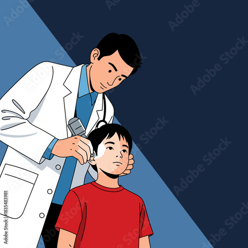 A male doctor in a white coat examines a young boy's ear with an otoscope in a medical examination setting.