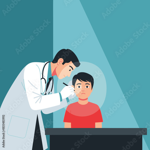 A doctor in a white coat examines a young boy's ear in a clinic, using an otoscope to check for infection or other problems with the patient's hearing.
