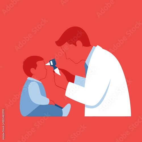 A pediatrician in a white coat examines a young child's ear with an otoscope, ensuring their well-being during a routine checkup within a healthcare setting.