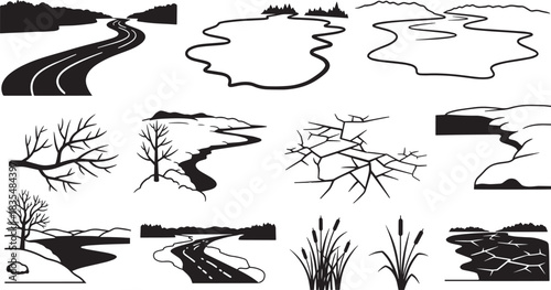 Black White Contour Landscape With Road, Lake, And Bare Branches Illustration