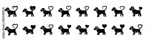 A set of funny  puppy with heart Valentines Day silhouette icon. Valentines Day vector isolated on transparent background.