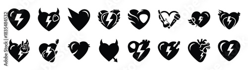 A set of funny  rock n roll Valentines Day silhouette icon. Valentines Day vector isolated on transparent background.