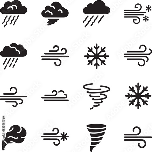 Weather Icon Set Black Wind, Rain, Cloud, Snowflake Vector Illustration