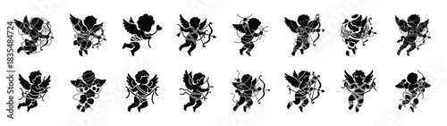 A set of funny  cupid tangled in Valentines Day silhouette icon. Valentines Day vector isolated on transparent background.