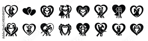 A set of funny  dancing heart couple Valentines Day silhouette icon. Valentines Day vector isolated on transparent background.