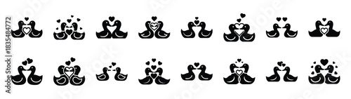 A set of funny  duck couple with Valentines Day silhouette icon. Valentines Day vector isolated on transparent background.