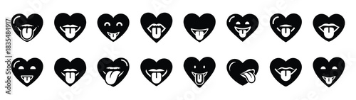 A set of funny  heart emoji tongue Valentines Day silhouette icon. Valentines Day vector isolated on transparent background.