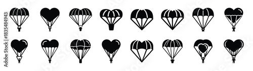 A set of funny  heart parachute Valentines Day silhouette icon. Valentines Day vector isolated on transparent background.
