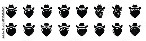 A set of funny  heart in cowboy Valentines Day silhouette icon. Valentines Day vector isolated on transparent background.