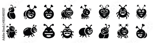 A set of funny  laughing love bug Valentines Day silhouette icon. Valentines Day vector isolated on transparent background.