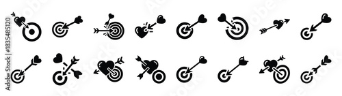 A set of funny  love arrow missing Valentines Day silhouette icon. Valentines Day vector isolated on transparent background.