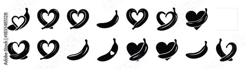 A set of funny  love banana Valentines Day silhouette icon. Valentines Day vector isolated on transparent background.