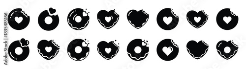 A set of funny  love donut with Valentines Day silhouette icon. Valentines Day vector isolated on transparent background.