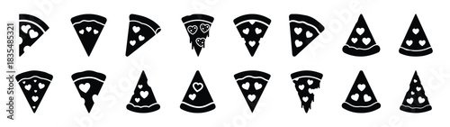 A set of funny  pizza slice with Valentines Day silhouette icon. Valentines Day vector isolated on transparent background.