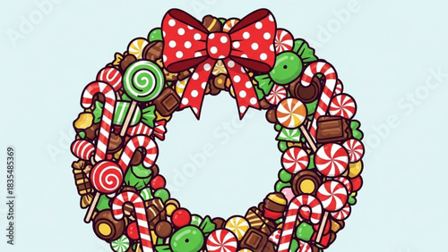 A festive and whimsical christmas wreath crafted entirely from an assortment of colorful candies and adorned with a cheerful red and white polka dot bow