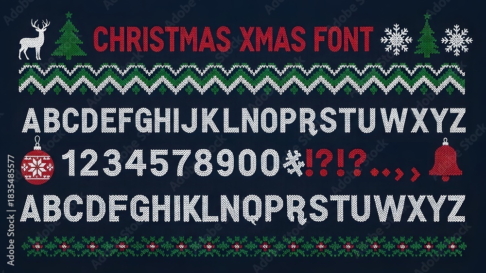 Naklejka premium Ugly christmas sweater font alphabet and number set design with festive holiday pattern border and decorative element