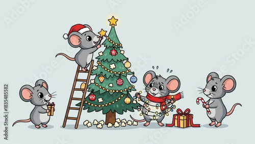Cute cartoon mice decorating a christmas tree with ornaments and lights one mouse on a ladder placing a star on top while others hold presents and candy canes creating a festive holiday scene