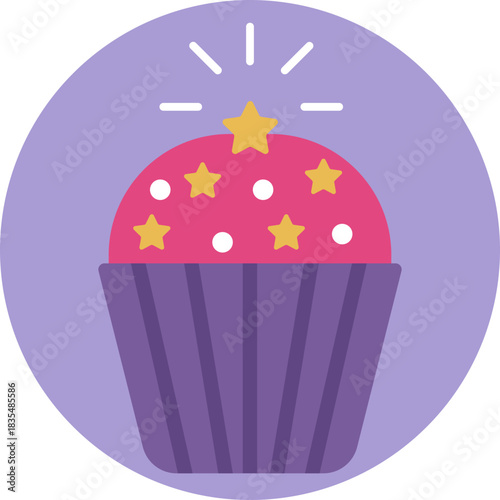 A colorful cupcake with pastel frosting and sprinkles, styled with a whimsical, magical theme.