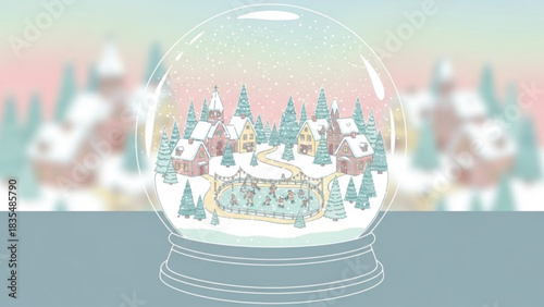 Whimsical snow globe scene depicting a charming winter village with people ice skating around a festive rink surrounded by snow covered houses and pine trees