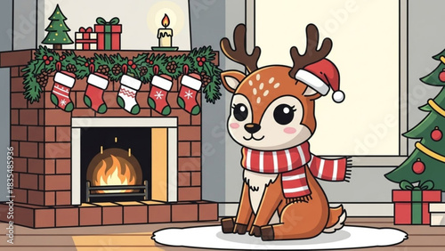 Cute cartoon reindeer wearing a santa hat and scarf sits by a cozy fireplace with stockings hung by the chimney and a christmas tree in the background