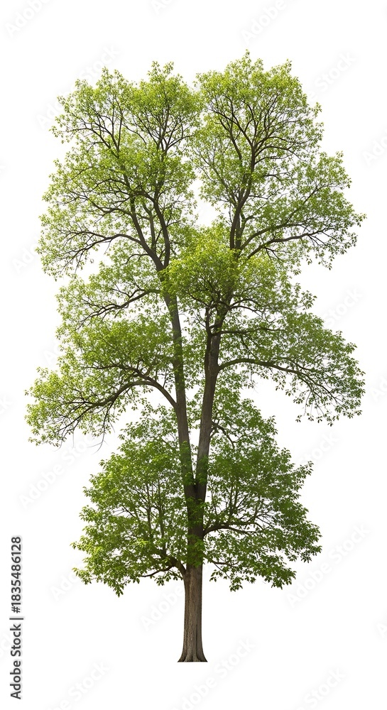 Obraz premium Tall deciduous tree with vibrant green foliage stands isolated against a pure white background