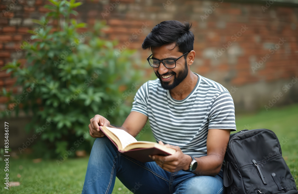 Obraz premium Happy man with glasses reads a book outdoors. He sits on grass near a brick wall with a backpack. Book reading concept for education and study.