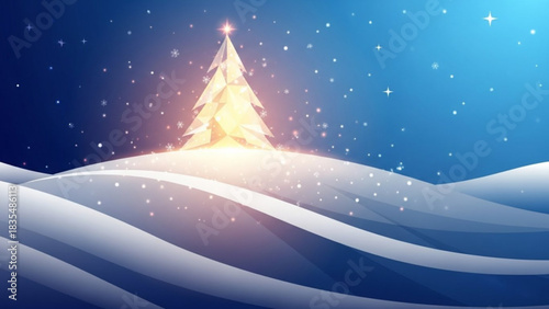 A glowing geometric christmas tree stands atop a snow covered hill under a starry night sky with falling snowflakes and soft light