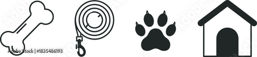 Essential dog accessories including a bone, leash, paw print, and house icon